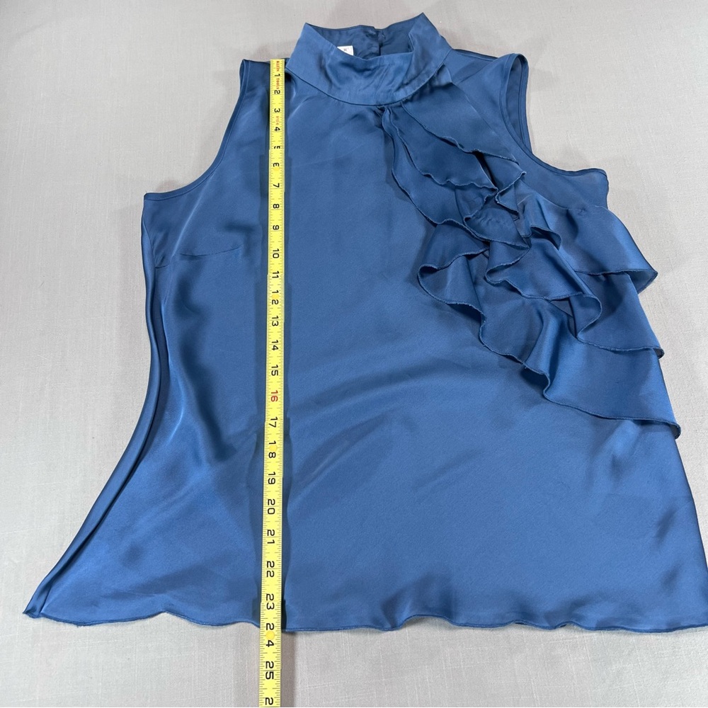 Kenar Women’s M Blue Satin Ruffle Front Sleeveless Top Mock Neck Blouse - Picture 4 of 13